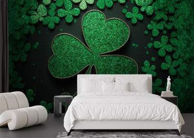 Green background with three-leaved shamrocks, Lucky Irish Four Leaf Clover in the Field for St. Patrick’s Day holiday symbol. with three-leaved shamrocks, St. Patrick's day holiday symbol, earth day Wall mural