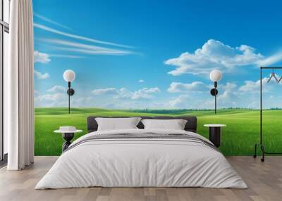 Green field on the horizon Panoramic green field landscape view. Blue mountains background and bright blue sky. Windows background, wallpaper Wall mural