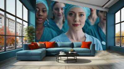 Group of female doctors medical staff workers wearing scrubs and surgical caps. Healthcare, teamwork and portrait of doctors with crossed arms for medical care, wellness and support. Wall mural