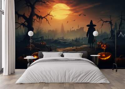 Halloween spooky background, scary jack o lantern pumpkins in creepy dark forest with bats, spooky trees, moon and old house Happy Halloween ghosts horror gothic mysterious night moonlight background. Wall mural