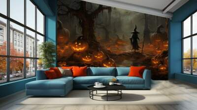 Halloween spooky background, scary jack o lantern pumpkins in creepy dark forest with bats, spooky trees, moon and old house Happy Halloween ghosts horror gothic mysterious night moonlight background. Wall mural