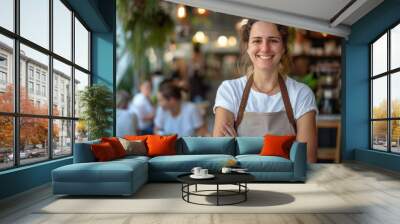 Happy woman restaurant owner standing in front of her cafe with arms crossed, smiling at the camera while customers sitting in the background, female business entrepreneur wearing an apron Wall mural