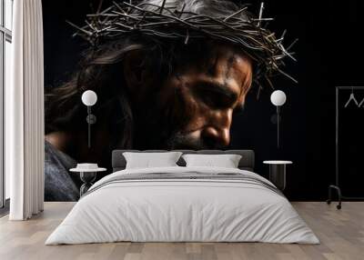 Jesus christ with crown of thorns, on dark background, Jesus Christ Portrait with Thorns on Bloody Head, Suffering Gaze Wall mural