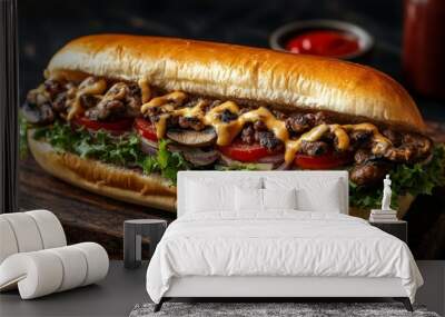 Juicy beef sub sandwich with grilled onions, grilled cheese, grilled mushrooms, lettuce, tomato, mayonnaise and ketchup. Wall mural