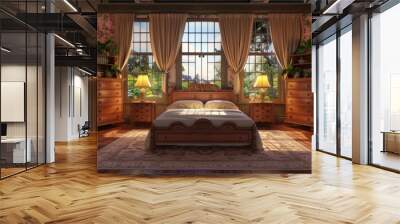 Large double master bedroom with an elegant bed, vintage dressers, and lamps on each side of the headboard. Two windows in front. The room features floral wallpaper, wooden floors Wall mural