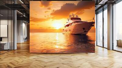 Luxurious yacht sailing on the open sea at sunset, showcasing its elegant vacation design. Cruse ship holiday Wall mural