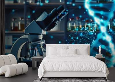 Microscope and DNA double helix. concept of scientific and medical genetic research, Research medical DNA lab science biotechnology scientist laboratory clinic medicine chemistry. Wall mural