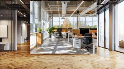 Modern conference room with a long wooden table and chairs, Contemporary open-plan office with ergonomic chairs and a bright, airy layout, open layout, wooden flooring Wall mural