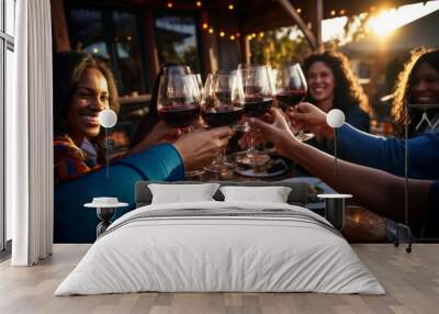 Multiethnic friends having fun at bbq dinner party - Group of young people diner together sitting at restaurant at night dining table - Cheerful multiracial teens eating food and drinking wine outside Wall mural