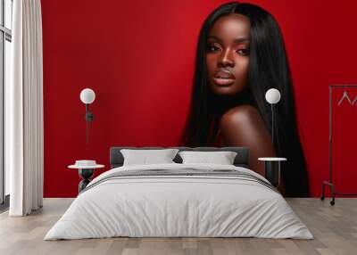 Natural, black woman female and hair care with beauty, Red Isolated studio background with copy space. Afro, hairstyle and African model salon haircare treatment skincare Wall mural