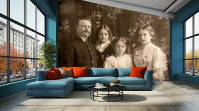 old photo of family, in the victorian style, father mother and two daughters, black background, sepia tone. style of 19th century style, vintage retro style Sepia-Toned Vintage Family Portrait Wall mural