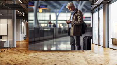 Older man standing in a airport lounge checking his smartphone for information on flights Wall mural