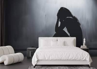 Person crouching, sitting, symbolizing inner pain and suffering. Depression, has stress, anxiety, sickness and headaches, life problems, domestic violence, mental health, thoughts of suicide. Wall mural