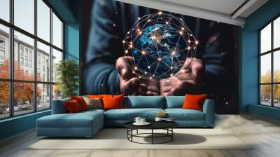 Person holding an Earth globe with glowing connections, symbolizing global network social media global connectivity connections and the relationships of technology in business. Wall mural