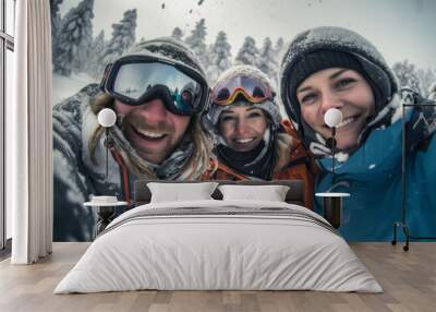 Portrait of a young sporty woman in a knitted hat, taking a selfie and having fun on a winter day in the mountains. healthy lifestyle. Wall mural