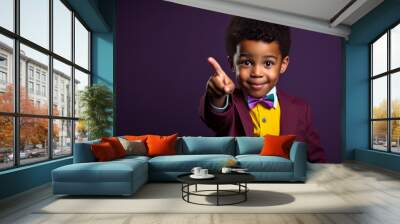 Smiling happy boy show thumb up finger pointing like isolated on a transparent background. Little children boy preschool, Kid Back to school. Wall mural