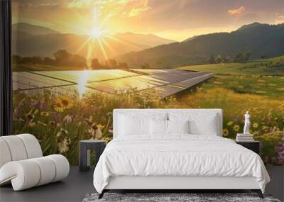 Solar panels with blue sunset sky and sun in the background. Installed solar panels, green energy. Renewable energy concept with solar panels against a vibrant sunset and cloudy sky. Wall mural