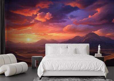 Sunrise over sunset against the sand dunes, of a red desert landscapes. sand dune knoll with a stunning desert sunset backdrop, background. Wall mural