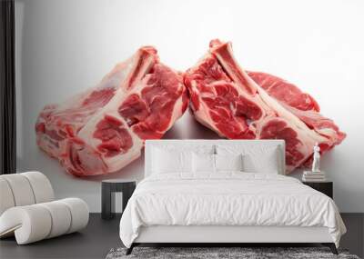 Two lamb chops shoulders, each cut in half and marbled with fat on a white isolated transparent background. Food photography. Wall mural