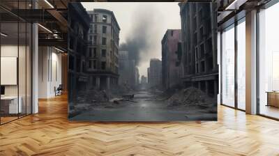 UK streets of London after a military strike. Dramatic scenes of destruction and human loss. Wall mural