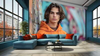 Urban Street Photography Handsome young man in an orange hoodie and brown sweatshirt, with shoulder-length hair, stands against the background of graffiti-covered walls. Wall mural