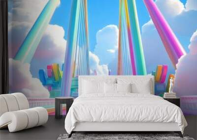 White car driving on the bridge, a rainbow-colored sky, a cartoon-style illustration. abstract city skyline, Amusement pink candy land park in the sunset time Wall mural