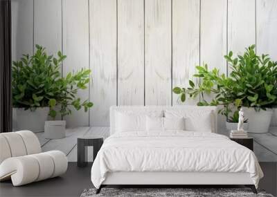 White wooden background with green plants, white wood banner design, white wooden floor Wall mural