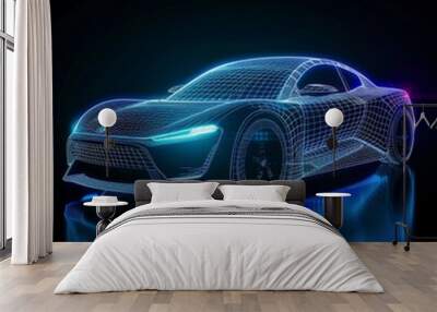 Wireframe hologram of an electric sports car, glowing with blue light against the dark background. futuristic polygonal model vehicle holograms. auto ai smart. Low-poly line design. Smart vehicle. Wall mural