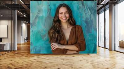 Woman happy portrait female smiling young happiness lifestyle beautiful people adult healthy nature cheerful attractive smile cheerful studio leisure, Isolated on a teal background Wall mural