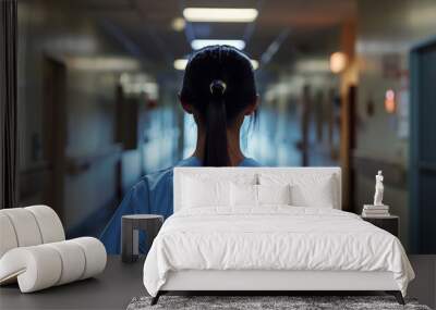 Woman nurse in blue scrubs stands at the end of an empty hospital hallway, facing away from the camera. Wall mural