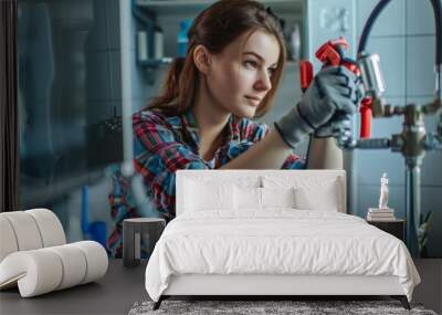 Young female plumber at work is repairing the water pipe, holding tools and looking at camera. Equal rights and equality in the workplace. Wall mural