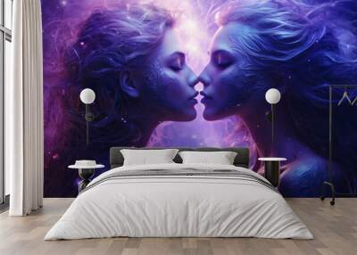 Zodiac sign gemini in cosmic space. Two women. Zodiac sign symbol Gemini over stars and galaxy like astrology concept Wall mural