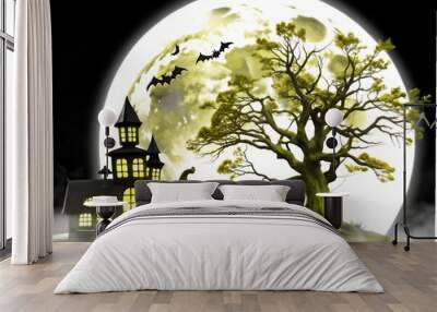 Halloween pumpkin bat house moon tree silhouette Wall mural