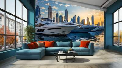 Boats and yachts parked in famous Marina district in Dubai, Wall mural