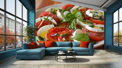 Caprese salad with mozzarella, tomatoes and basil on white plate Wall mural