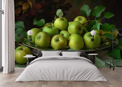 green apples still on a plate and a branch of an apple tree Wall mural