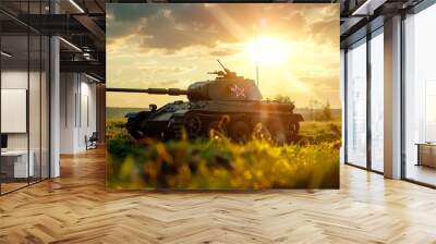 Military tank in the field at sunset. Wall mural