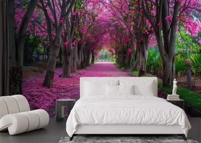 Pink cherry blossom in the park with path and foggy background Wall mural