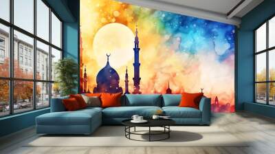 Ramadan Kareem background with mosque and crescent on watercolor background Wall mural