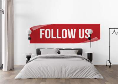 Red banner follow us on white background. Wall mural