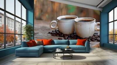 Two cups of coffee with coffee beans on a brown tablecloth, top view Wall mural