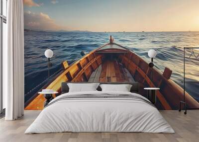 Wooden boat in the sea at sunset. Vintage style toned picture Wall mural