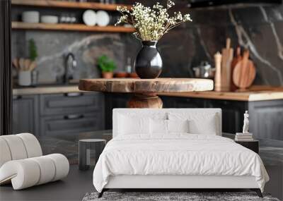 Wooden pedestal on table in kitchen interior and free space Wall mural