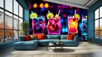 Colorful cocktails in a glass on the bar counter, neon lights on dark night background with lights Wall mural