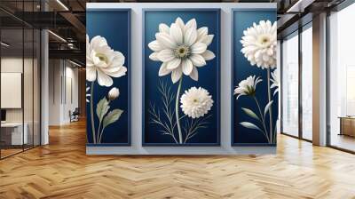 Set of three White Flower Art Posters on Dark Blue Background - Elegant Wall Decor Set Wall mural