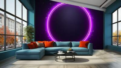 Neon Light purple Circle on a abstract background. Glowing neon light, Thin neon frame, Nice purple neon ring dominates the dark scene. Ai generated. Wall mural