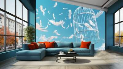 Open Bird Cage Flying with Feathers Wall mural