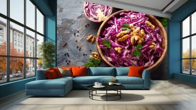 Red Cabbage Salad with Walnuts and Apple in Wooden Bowl Wall mural