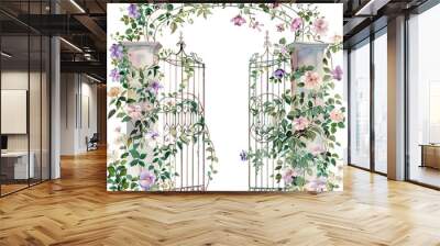 A gate with purple flowers and vines is shown. The gate is surrounded by a lush green garden Wall mural