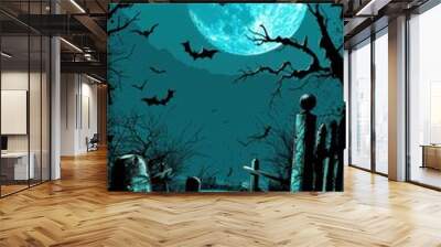 A graveyard with a large moon in the sky. The moon is surrounded by bats flying in the sky. The graveyard is full of pumpkins and there are two pumpkins on the ground Wall mural